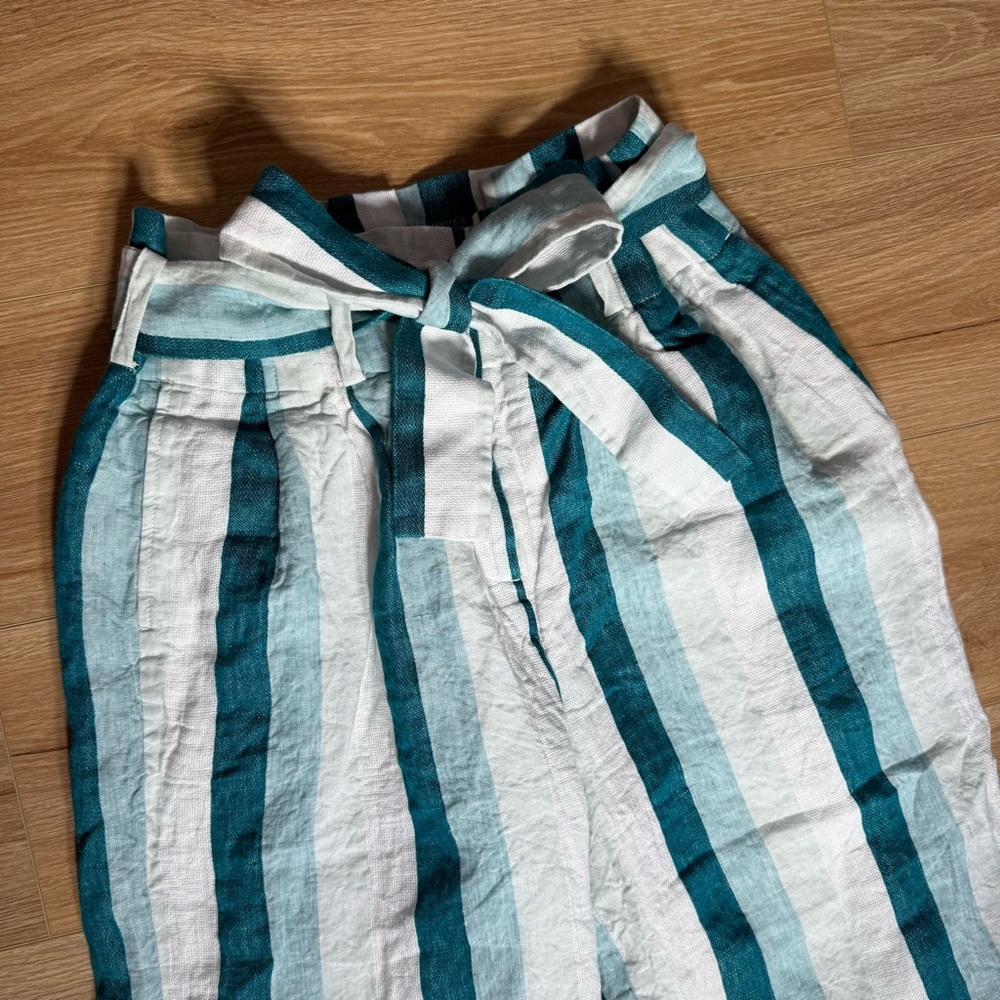 J. CREW Paper-bag linen pant in cabana stripe Turquoise Jade White Womens Size 8 - Picture 4 of 9